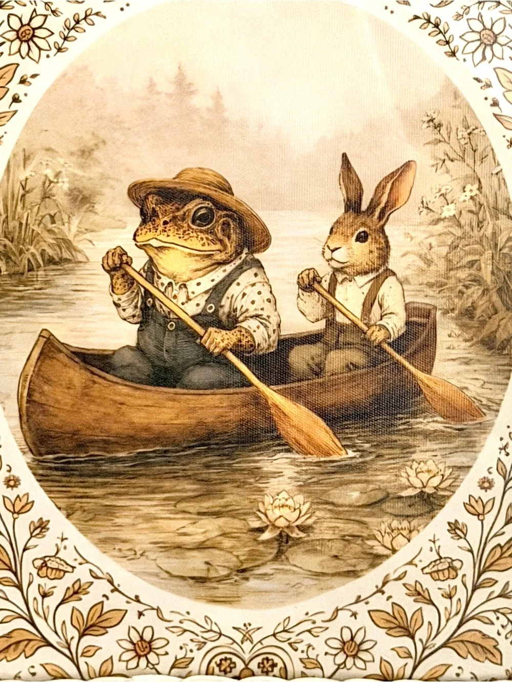 Frog & Bunny Rowing a Canoe Toad Rabbit Canvas Art Print Vintage Rattan Framed